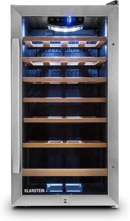 Витримання вина Klarstein Vivo Wine 26 - винний льох на 26 пляшок, 88 л, LED, регулювання температури, мінливий петельний механізм, двері з обох сторін, нержавіюча сталь, сріблястий колір