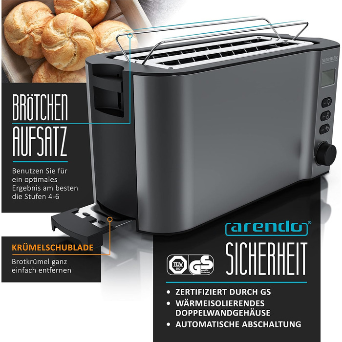 Тостер Arendo з нержавіючої сталі з 4 широкими слотами, подвійні стінки, вбудований тримач для булочок, 6 ступенів підсмажування, центрування хліба, автоматичне відключення, дисплей з відображенням часу (A: Cool Grey)