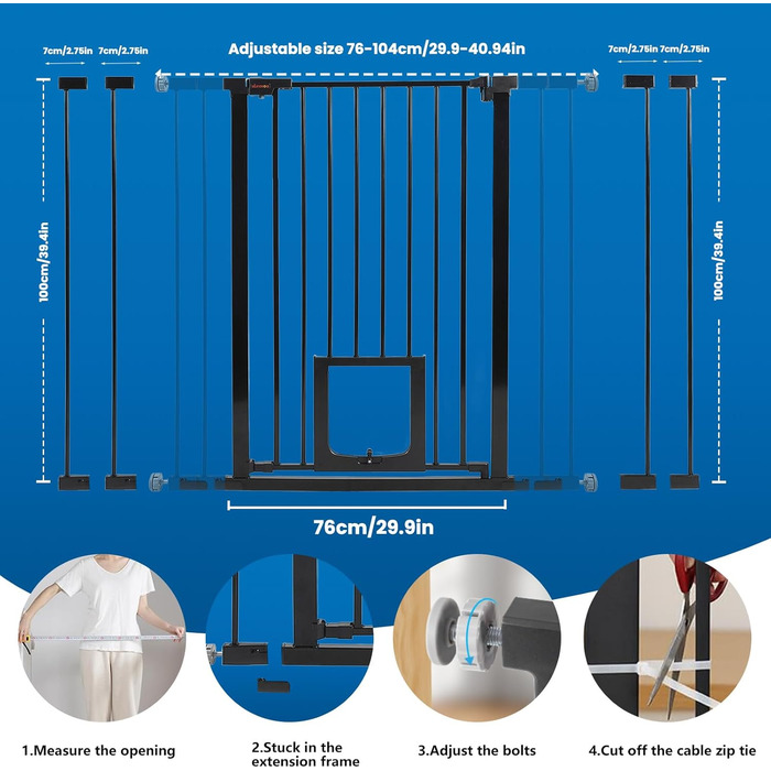 Дитячий захисний бар'єр UBRAVOO для дверей та сходів, 100 см, безпечний, автоматичне закриття, потрійна защіпка, ширина 76-104 см, чорно-білий