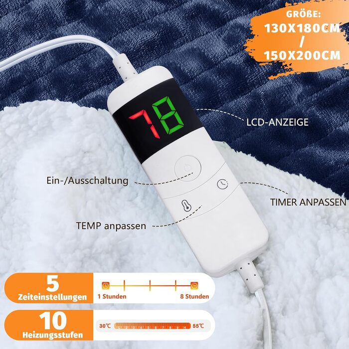 Електрична ковдра BOMOVA з автовимкненням, плюшева ковдра для дому, 10 температурних режимів, таймер, подарунок для жінок, блакитна, 130x180 см