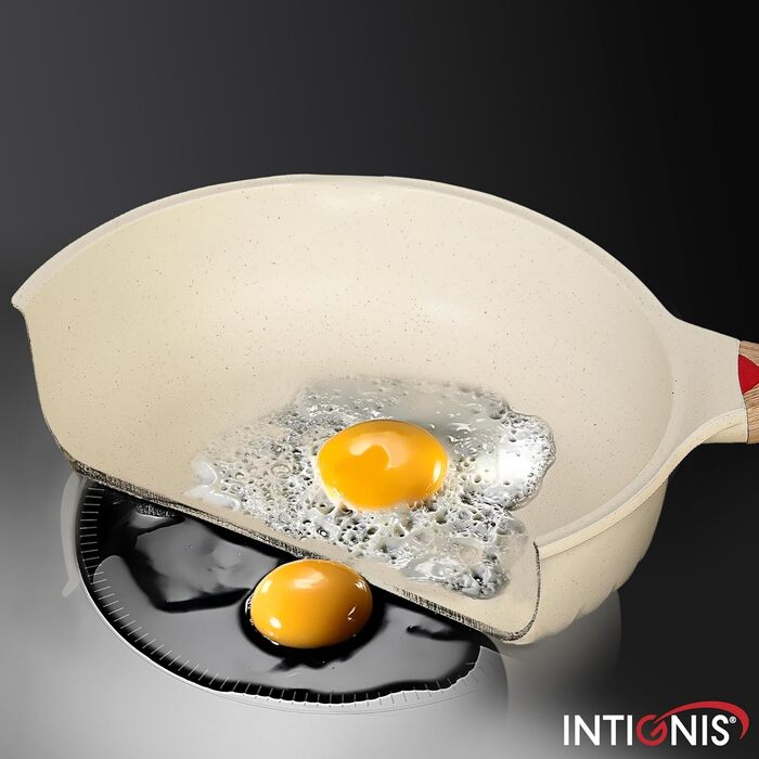 INTIGNIS® Преміум сковорода з кришкою, антипригарна, 30 см, глибока, сумісна з усіма типами плит (включно з індукцією), без хімікатів, з надзвичайною антипригарним покриттям (біла, 30 см)