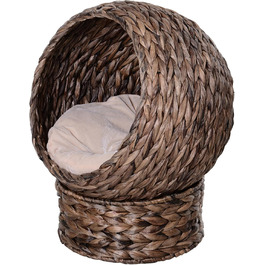 PawHut Rattan Cat Basket Cat Cave Cat House Cat Bed with Cushion Pet Bed Water Hyacinth 42 x 33 x 52 cm (50L x 42W x 60H cm, Coffee)