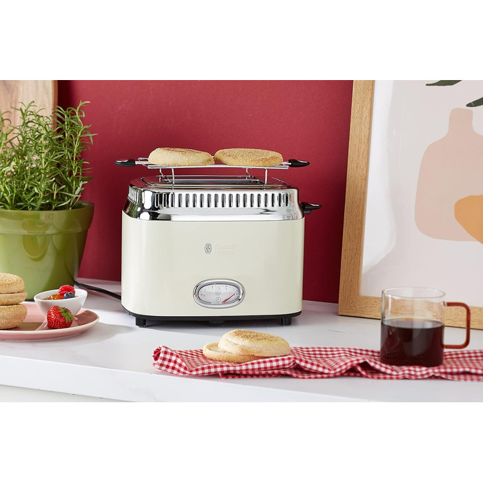 Russell Hobbs Toaster [for 2 slices] Retro Stainless Steel Cream (Retro-style countdown display, includes bun warmer, 6 browning levels + defrost & reheat function, 1300W) Vintage 21682-56