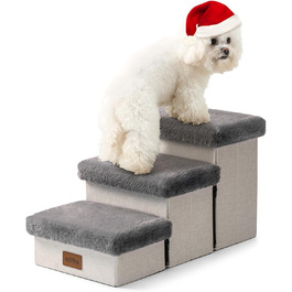 Pet Stairs for Small Dogs with Storage, Folding Dog Stairs for Sofa Couch, Dog Stairs Dog Ramp with Non-Slip Bottom, Leak-Proof, Up to 80kg, 33x63x35cm, 3 Steps, Grey