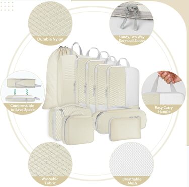 Органайзер для валізи Avmvnvc, набір з 10 штук: пакувальні куби для одягу, компресійні мішечки, органайзер для подорожей з косметичкою, для рюкзака та валізи, чорний (бежевий)