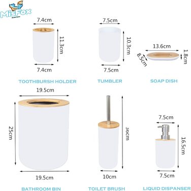 Набір для ванної кімнати MisFox з бамбука (6 предметів): дозатор для лосьйону, сміттєвий контейнер, тримач для зубних щіток, стаканчик для зубної пасти, щітка для туалету, мильниця (білий)