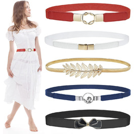 Жіночі тонкі ремінні EAONE 5 шт. у наборі, еластичні пояси для суконь, великі розміри, кольори: золото, чорний, білий, червоний, темно-синій