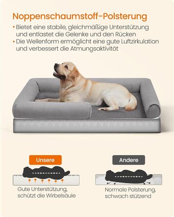 Feandrea Orthopedic Dog Bed, Dog Cushion, Dog Basket, Soft Padding, Dog Sofa, Raised Sides, Removable and Washable Cover, 91 x 71 x 20 cm, Non-Slip Bottom, PGW076G01 (L 135 x W 107 x H 25 cm, Light Grey)