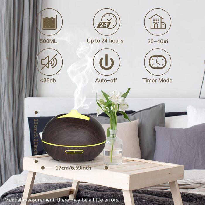 Ароматичний дифузор 500 мл з таймером, LED-підсвічуванням та пультом керування, для дому, йоги, SPA. Темне дерево, коричневий колір