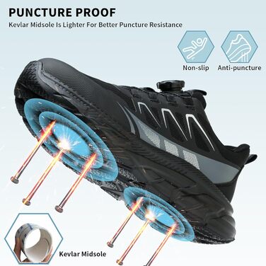Черевики робочі чоловічі та жіночі спортивні, легкі, дихаючі, на шнурівці, з швидкою застібкою, з обертовим закриттям, з металевим підсилювачем, 44 EU, чорні