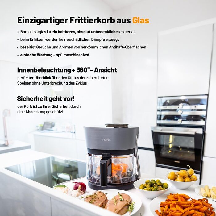Аерофритюрниця Lauben Glass&Steam 4500BG з пароваркою, скляний кошик, 8 програм, ручне регулювання часу і температури, об'єм 4,5 л, мийка в посудомийній машині