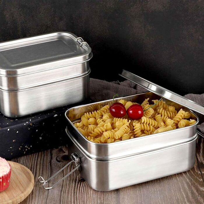 LOOXIS Personalized Stainless Steel Lunchbox with Name & Text Engraved – 1960 ml, including divider, leak-proof, 2 tiers, Bento Box – Gift idea for children, school start, work – L, Double-decker