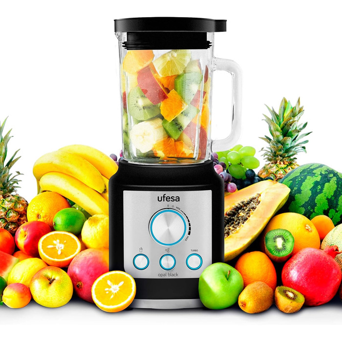 Ufesa BS4950B Opal Black Stand Mixer, 2100W Power, Speed Control, Programs for Smoothie, Ice Crush, and Turbo, 6 Titanium Blades 1800W 1.8L