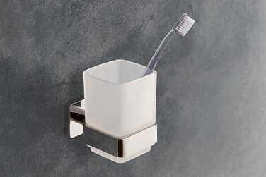 Villeroy & Boch Elements - Striking Toothbrush Holder, Wall-Mountable Toothbrush Holder, Toothbrush Cup Made of Satin Glass with Brass Holder, Square, Chrome