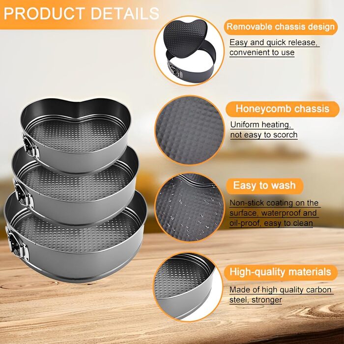 Набір форм для випічки торти та випічки, квадратні, чорні, металеві, знімний дно, антипригарне покриття, 20/22/24 см