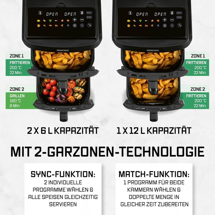 Фритюрниця повітряна GOURMETmaxx 4.5L з цифровим дисплеєм, 1400W, автоматичне вимкнення, захист від перегріву, миється у посудомийній машині, чорний (2x6L)