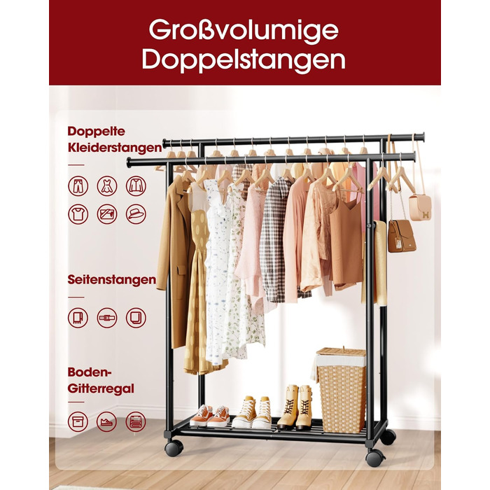 Стійка для одягу на колесах з подвійною перекладиною та сітчастим дном, 98 x 42 x 150 см, Чорний