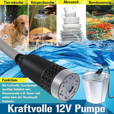 KESSER® Camping Shower with Battery-Powered Submersible Pump, Hand Shower, 2 x 2200mAh Lithium Battery, USB Charging Cable, for Camping, Garden, Car, Outdoor Use, Dog Shower, Car Cleaning, Includes Carry Bag, 12V Pump