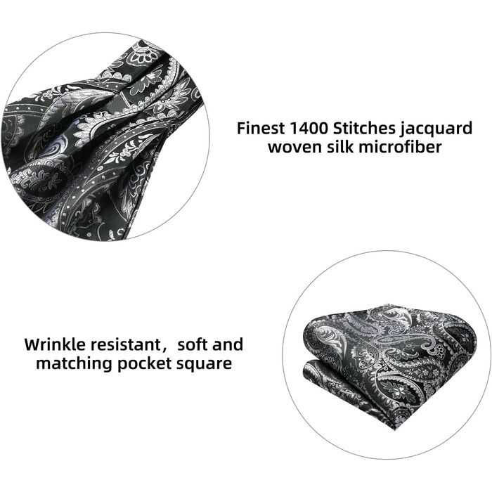 HISDERN Комплект краватка-снуд, краватка-аскот, хустинка для кишені чоловіча Paisley сіра/срібна для весілля та бізнесу