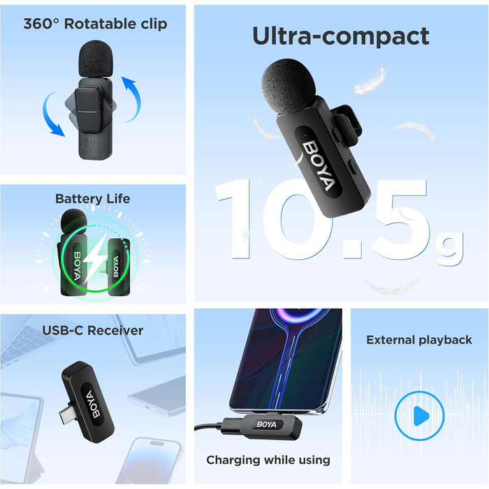 Мікрофон BOYA BY-V10 USB-C: Бездротовий мініатюрний мікрофон з шумозаглушенням для Android, смартфонів, ноутбуків, YouTube, подкастів, Facebook, Vlogging