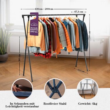 Clothes rack/Laundry rack + Bag Moritz black [Extendable 1.30-2.0m, foldable, very Stable Stainless Steel] Clothes rail, coat rack, hallway coat rack, open wardrobe