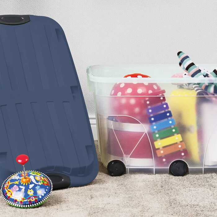 Rotho Roller 6 2-Piece Storage Box Set, 57L with Lid and Wheels, Plastic (Not applicable, Blue/Transparent)