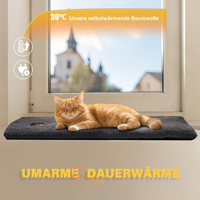 Самогріюча лежанка для котів на підвіконня, м'яка та неслизька, 90 x 28 см, сірий колір