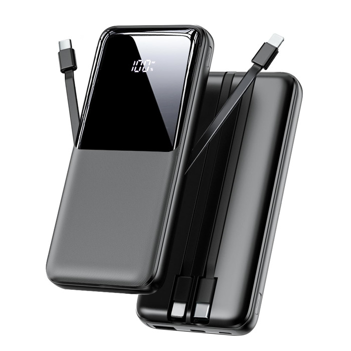 Power Bank 26800mAh, 22,5W з 3 портами USB та 2 вбудованими кабелями, чорний. Сумісний з iPhone та Android