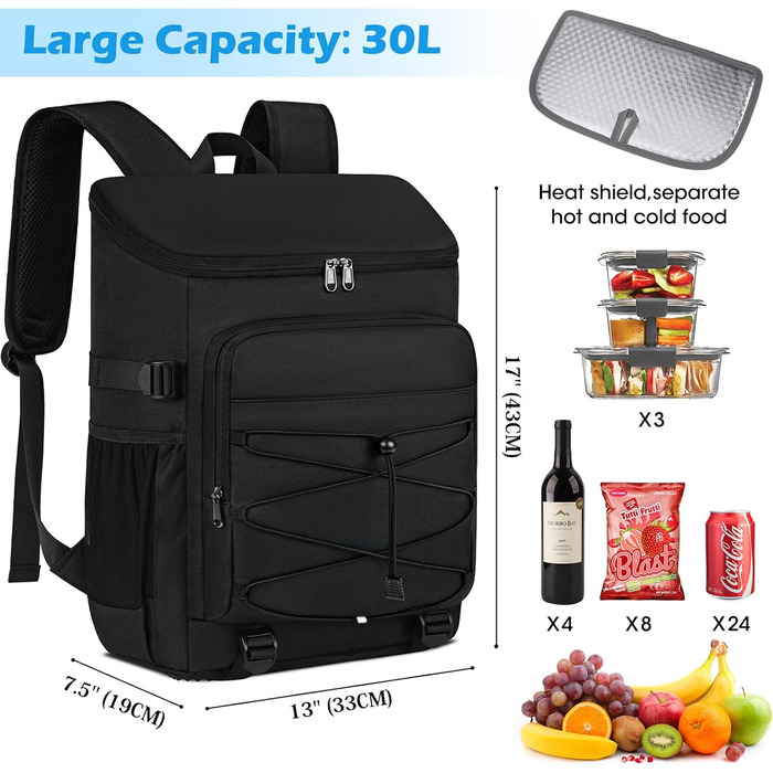 NUBILY 30L Insulated Cooler Backpack - Waterproof Cooler Bag Backpack - Large Insulated Cooler Bag - Thermo Lunch Bag for Camping, Outdoor Activities, Travel, BBQ, Hiking - Black