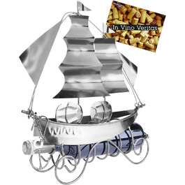 BRUBAKER Wine Bottle Holder Sailing Ship - Bottle Stand Sculpture made of Metal with Gift Card - Silver Wine Gift, Height 39 cm