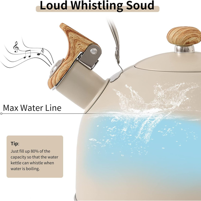 Чайник для плити LONFFERY 2.5 л з свистком, з нержавіючої сталі, з дерев'ястим декором, складаний ручка, кремово-білий