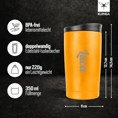Термокружка KUINEA для кави та чаю, 350 мл, нержавіюча сталь, з герметичним клапаном, 6 годин тепла, без BPA, зелений (з можливістю гравіювання імені)