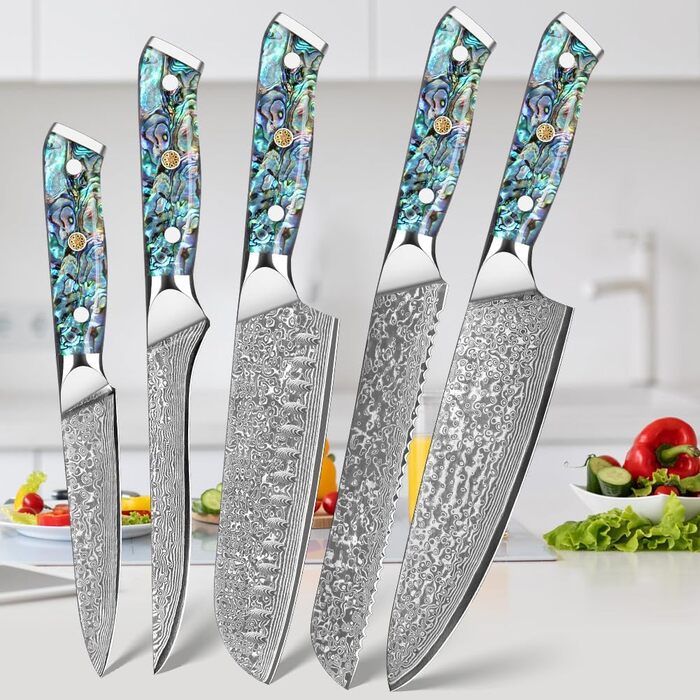 Набір кухонних ножів Damast Santoku 5шт з лезом 18 см (VG-10 сталь, ручка Abalone), подарункова коробка