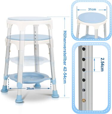 Ansobea Shower Stool for Seniors, Bath Stool, 7-Level Height Adjustable, 41-56 cm, Shower Chair with U-Shaped Hygiene Cutout, Bathroom Stool, Stable for the Shower (Type 2 - with Shower Ball)