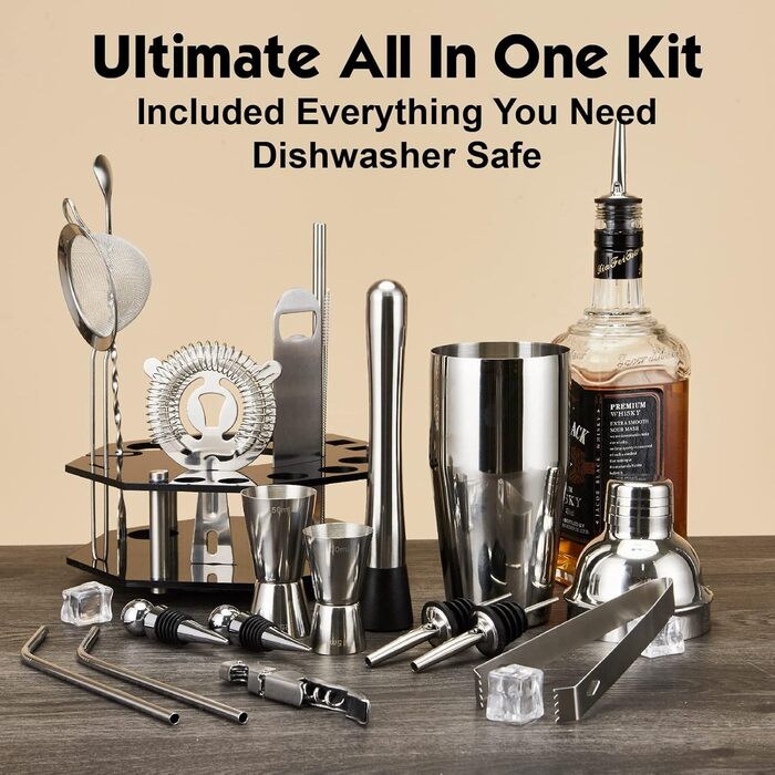 Набір для коктейлів 21 предмет | Набір шейкерів для коктейлів з обертовим підставкою | Шейкер з міцної нержавіючої сталі з аксесуарами | У комплекті стильна чорна подарункова коробка | Барний набір (Рожеве золото) (Срібло)