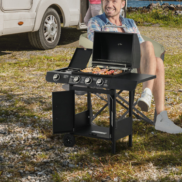 Газовий гриль Outsunny BBQ з коліщатками та 3 пальниками та 1 бічним пальником, редуктор та шланги, багатофункціональний, сталь, чорний, 110x50x100 см