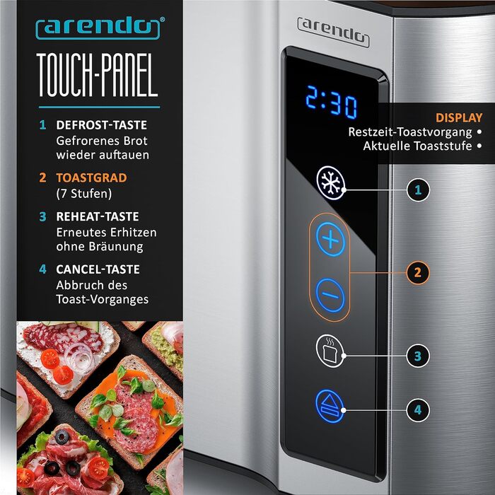 Arendo - 2-Slice Stainless Steel Toaster - Touch Panel - Digital Display with Remaining Time - 800 W – Double-Walled Housing – with Bagel Attachment – 7 Browning Levels – Bread Slice Centering - Silver B: Silver