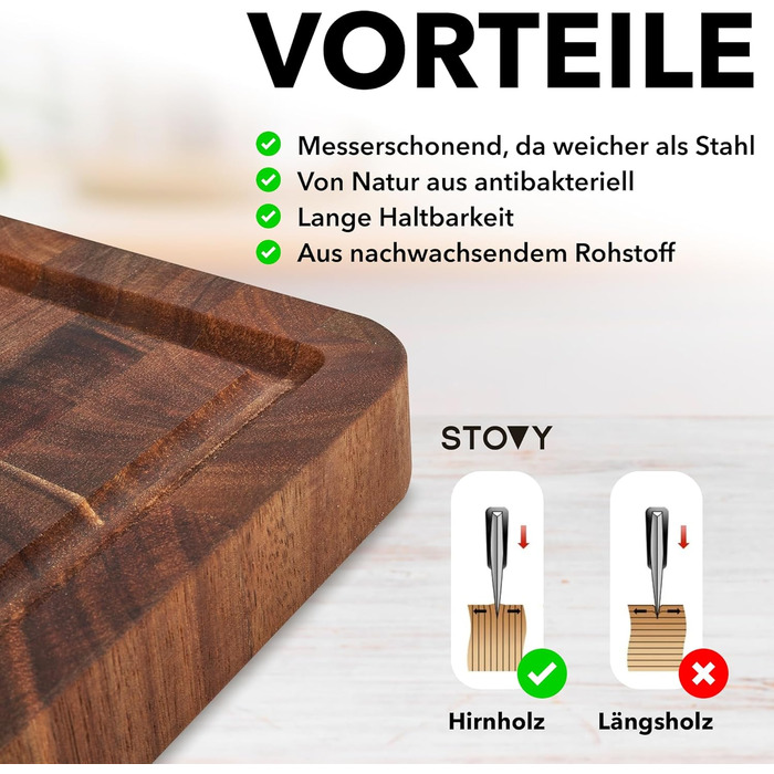 Дерев'яний обрізний стіл STOVY® з масивного акацієвого дерева, 40 x 30 x 3 см – антибактеріальний, з гірського дерева