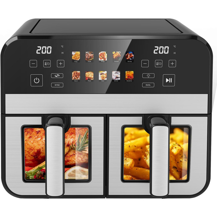 Фритюрниця повітряна KAITOL Dual Zone 10L, 2400W з подвійними зонами, 10 програм, цифровим дисплеєм, антипригарним покриттям, функціями розморожування та випікання, чорного кольору