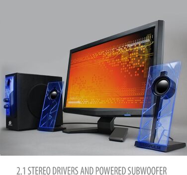 GOgroove 2.1 Звукова система для комп'ютера з LED-підсвічуванням. Комп'ютерні колонки 2.1, сабвуфер, блакитні LED, для ігор та стерео звуку