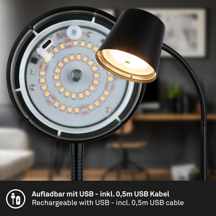 LED лампа BRILONER настільна бездротова з торшером, поворотна, з акумулятором, замінна світлодіодна лампа, нічна лампа, лампа для читання, офісна лампа, чорна, 38,5 см