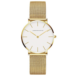 Годинник жіночий Hannah Martin, кварцовий, аналоговий, з нержавіючої сталі, водонепроникний, ультратонкий, сітка, білий корпус, золотий браслет