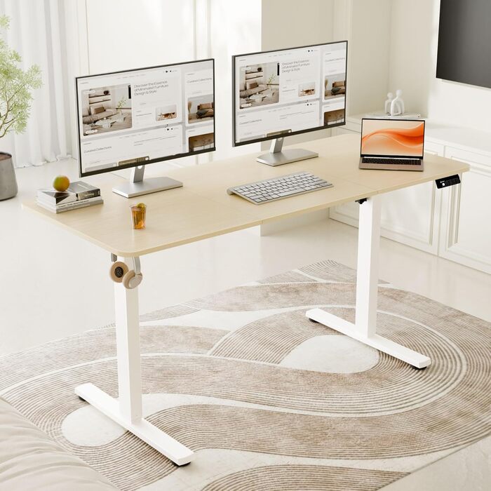 Ergonomaker Electric Height Adjustable Desk - Small Standing Desk with 2-Section Tabletop - Home Office Desk (White Frame + Oak Tabletop) - 140 x 60 cm