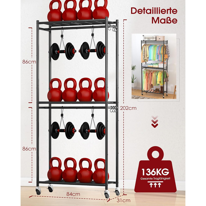 Стійка для одягу на колесах з полицями та гачками, металева, 84 x 31 x 202 см, чорна