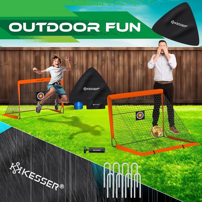 Дитячі футбольні ворота KESSER Pop-Up, складні, 2 шт. з фібровими стрижнями та якісною сіткою для кімнати, вулиці й саду, з сумкою для транспортування, 6 фішками, насосом і мішенню, помаранчеві