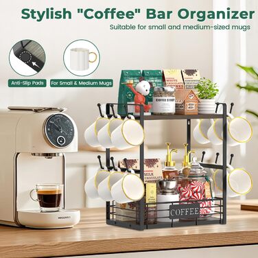 EsLuker.ly 2-Tier Mug Holder and Cup Stand, Mug Shelf for Coffee Cups, Coffee Organizer for Countertop, Coffee Station Organizer with Mug Holder, Vintage Brown-Black (14''H, Brown + Black)