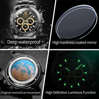 Чоловічий годинник OLEVS класичний, кварцовий, чорний зі сталевим ремінцем, водонепроникний, з датою та підсвіткою