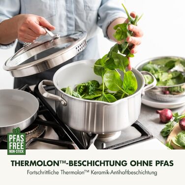 Набір кухонного посуду GreenPan Venice Tri-Ply 7 предметів: каструлі та сковороди з нержавіючої сталі, антипригарне покриття, без PFAS, для індукційних плит, сумісний з духовкою, сріблястий