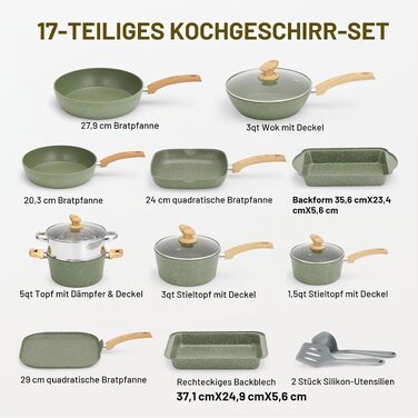 Набір індукційного посуду DishDelight з гриль-сковородою, 17 предметів, гранітне антипригарне покриття, зелений