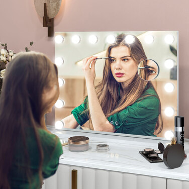 Дзеркало HOMCOM Голлівуд з підсвіткою 58x48 см, 15 LED, 3 режими освітлення, 10x збільшення, портативне, сенсорний вимикач, USB-порт для зарядки, білий
